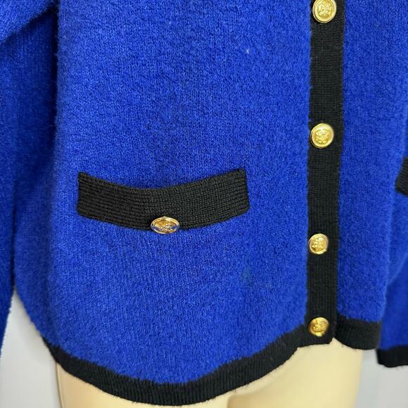 Talbots VGT 80's Wool Blend Royal Blue Black Gold Button Sweater Cardigan PM - Picture 3 of 10